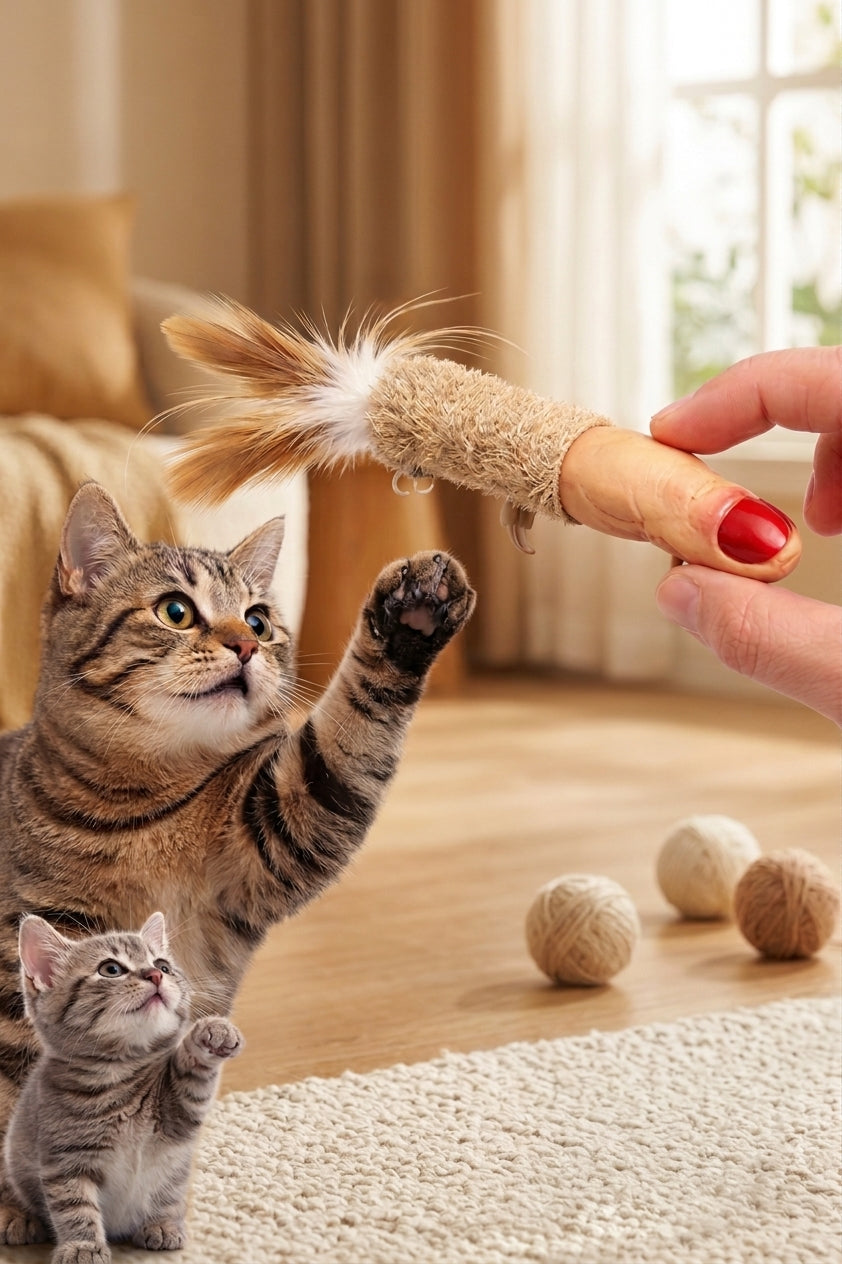 Gato jugando con un juguete interactivo con forma de dedo y plumas