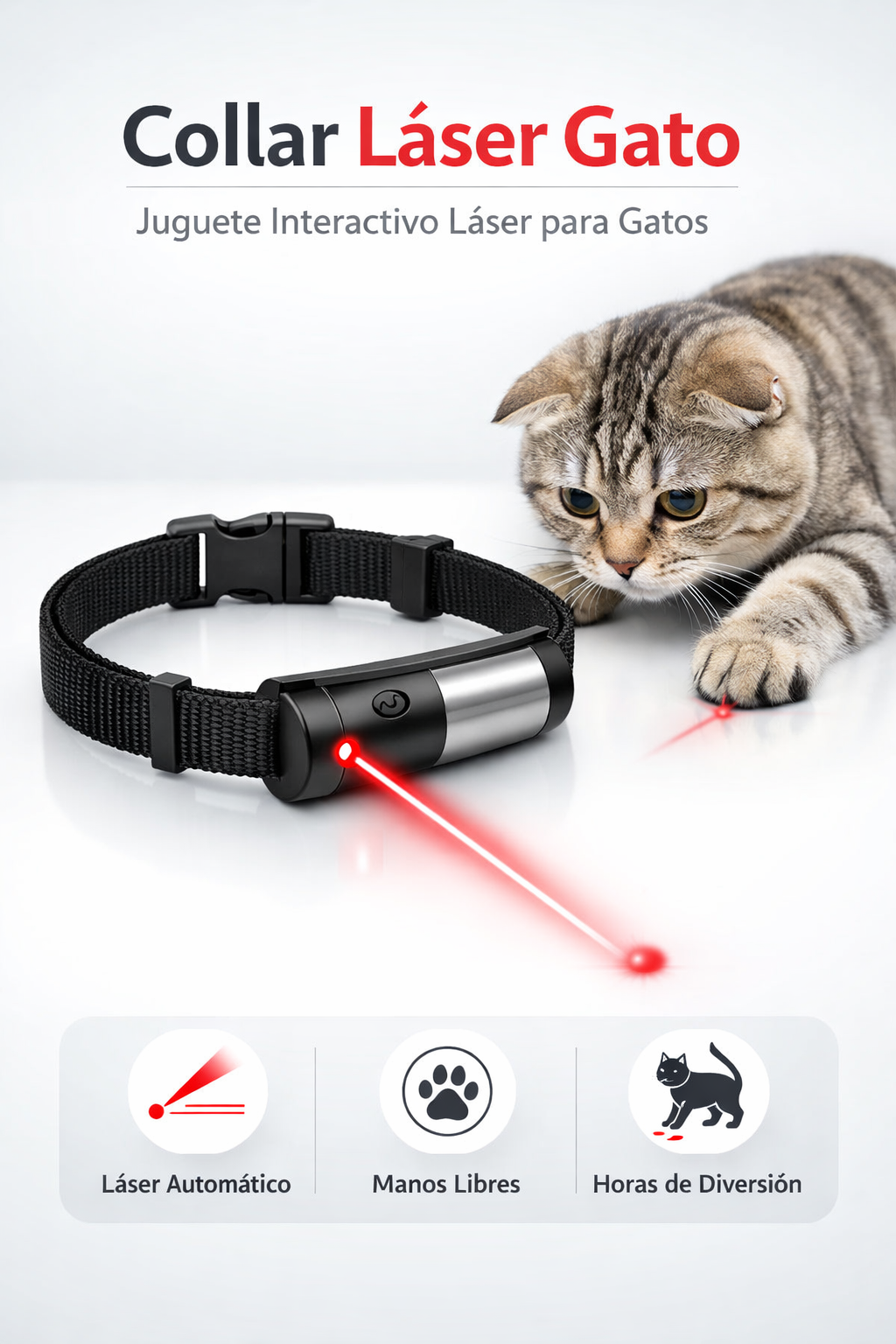 Collar Láser Gato, Gato jugando con un collar láser y punto rojo proyectado en el suelo
