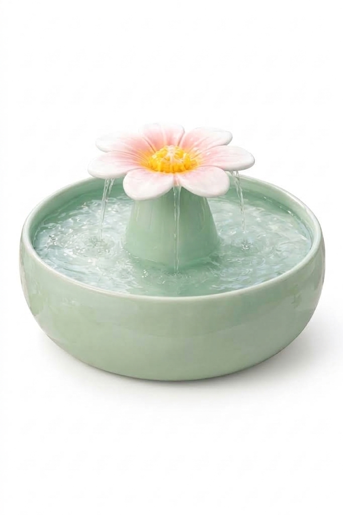 Fuente de agua de cerámica verde para gatos con filtro de agua y surtidor en forma de flor