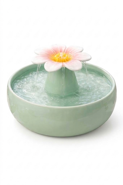 Fuente de agua de cerámica verde para gatos con filtro de agua y surtidor en forma de flor