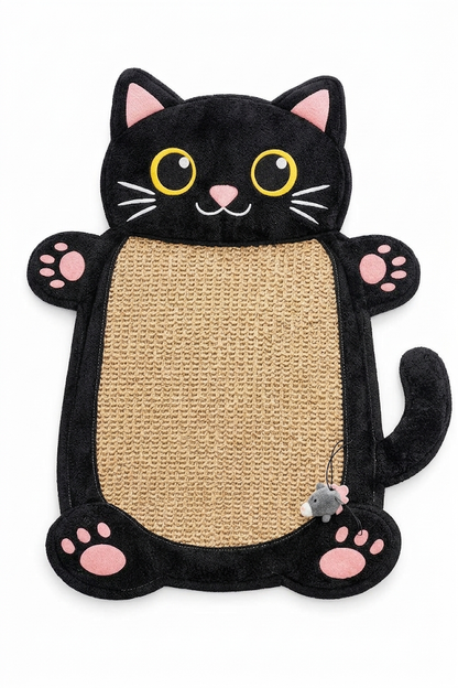 Alfombra rascadora negra para gatos con forma de gato y juguete de ratón