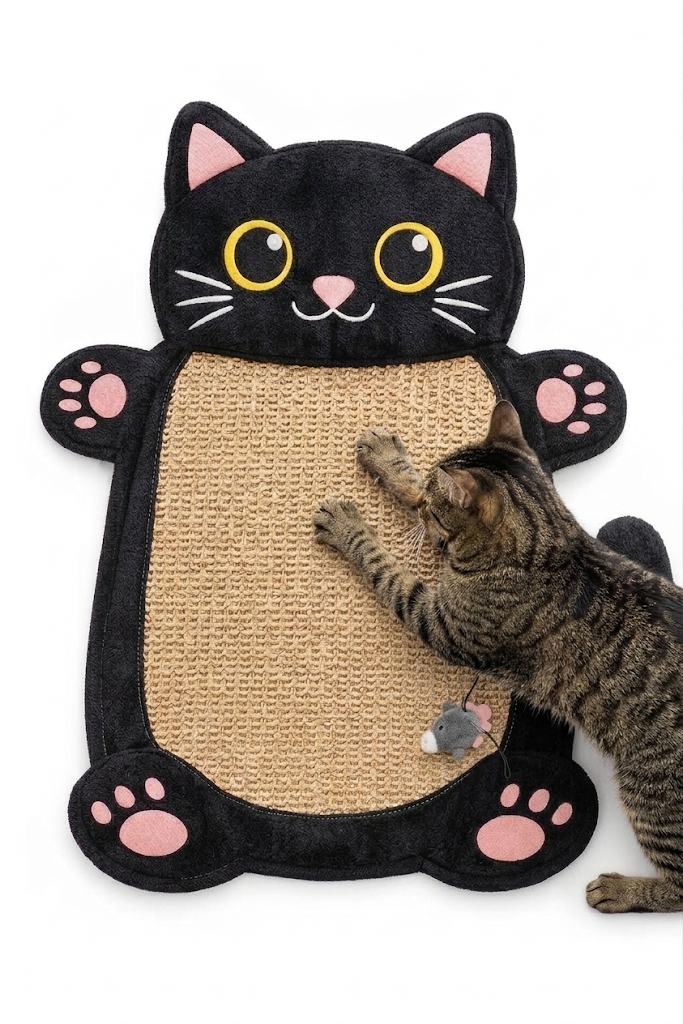 Gato rascando con las patas una alfombra rascadora negra con forma de gato