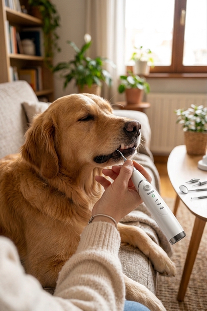 Persona utilizando el dispositivo Canident PRO para limpiar los dientes de un perro