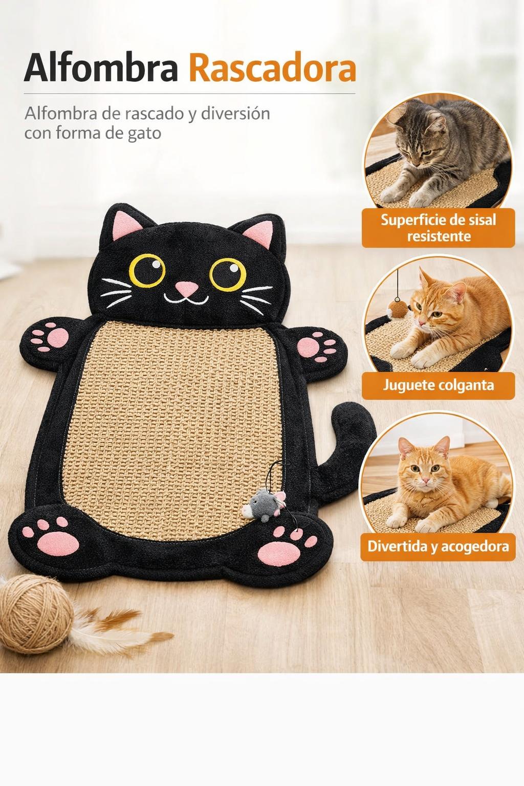 Alfombra rascadora negra con forma de gato y juguete colgante para gatos